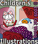 Cat Wong's  Children's storey characters Clara reading a bedtime storey to her  littel friend Clarence Bear